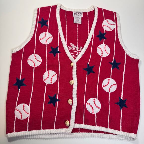 VTG BaseBall Stars Knitted Sweater Vest Small Cotton PBJ Sport Fun Red White Y2K - Picture 1 of 9